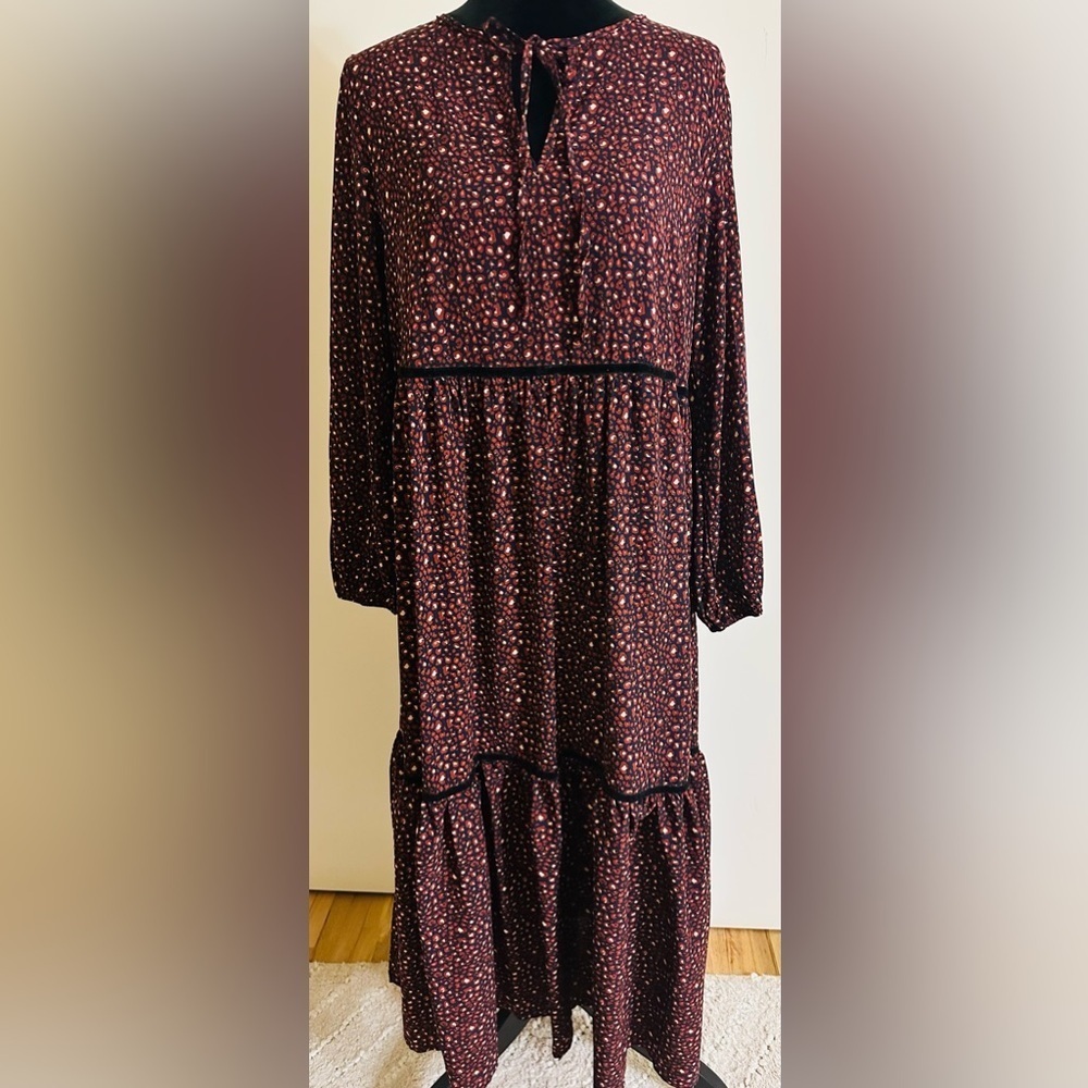 RusttyDustty Tie Neck Tiered Ruffled Smock Midi Dress - Size L - Picture 2 of 6